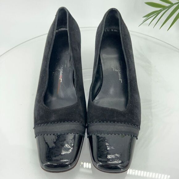 Salvatore Ferragamo Pump Women Size 7.5 B Black Suede Patent Cap Toe Square Toe - Picture 4 of 14